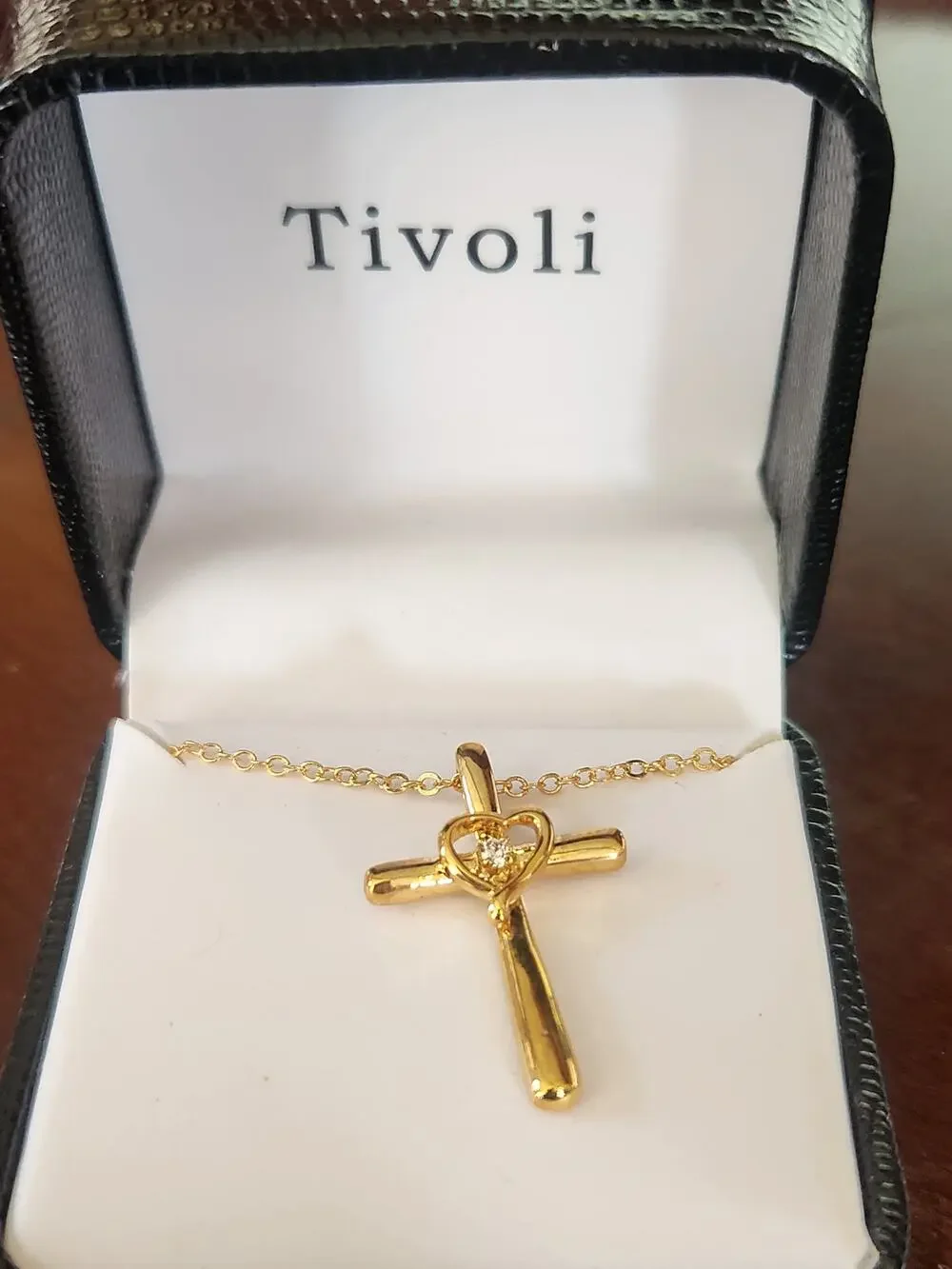 Tivoli Gold Tone Cross Heart Pendant Necklace Crystal Accent - Picture 1 of 6